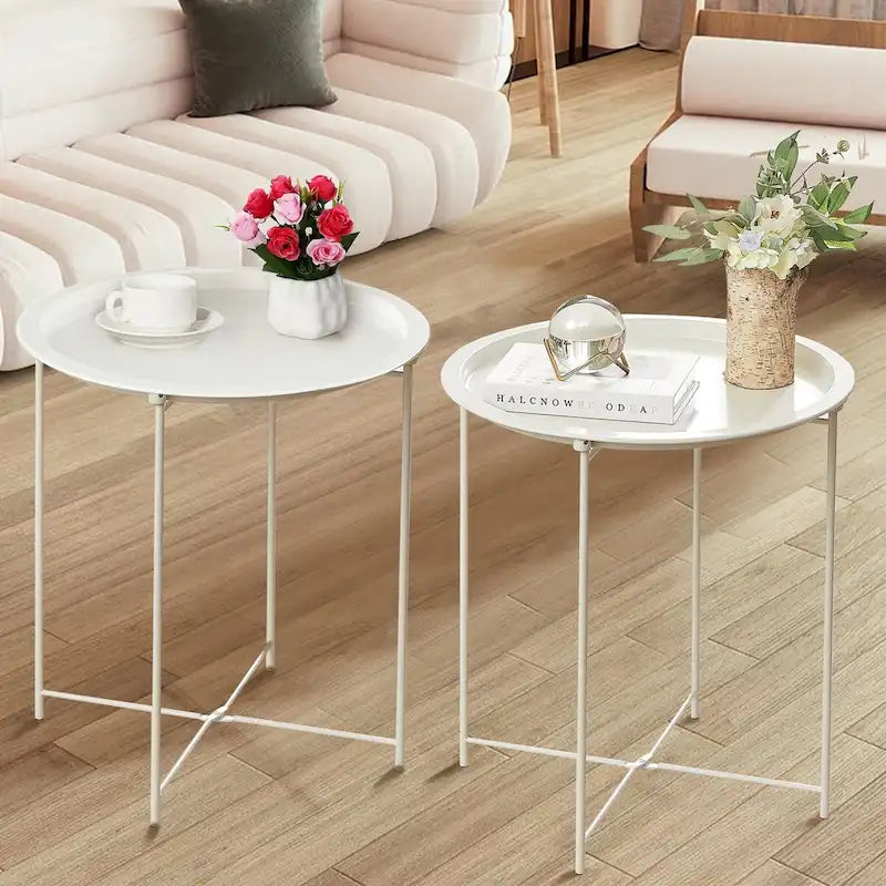 Javlergo Set of 2 Folding Round Steel TV Tray Tables - Compact Side Tables, No Assembly Needed - Dimensions: 18.5 x 18.5 x 19.7 in
