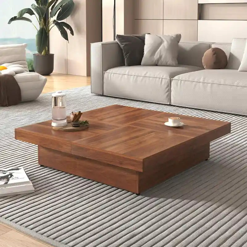 39.4-Inch Square Marble Veneer Coffee Table with Sliding Storage Top