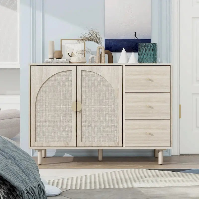 Rattan Storage Cabinet with 2 Doors, Adjustable Shelves, and 3 Drawers