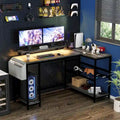 Contemporary L-Shaped Computer Desk with Built-In Power Outlets and LED Lighting