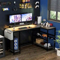 Contemporary L-Shaped Computer Desk with Built-In Power Outlets and LED Lighting