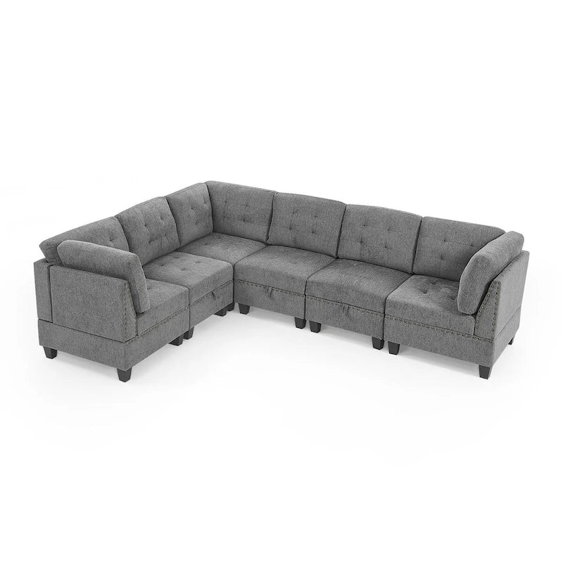Grey Chenille L-Shaped Modular Sectional Sofa Set with Three Individual Chairs and Three Corner Pieces - Dimensions: 116W x 89.5D x 36.5H
