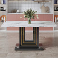 Elegant Dining Table with White Imitation Marble Top, Black MDF Legs Featuring Gold Accents, and a Stylish Black Base