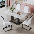 Elegant Dining Table with White Imitation Marble Top, Black MDF Legs Featuring Gold Accents, and a Stylish Black Base