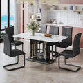 Elegant Dining Table with White Imitation Marble Top, Black MDF Legs Featuring Gold Accents, and a Stylish Black Base