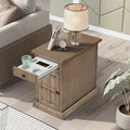 Retro-Inspired Living Room Side Table with USB Ports, Multifunctional Drawer, and Cup Holders