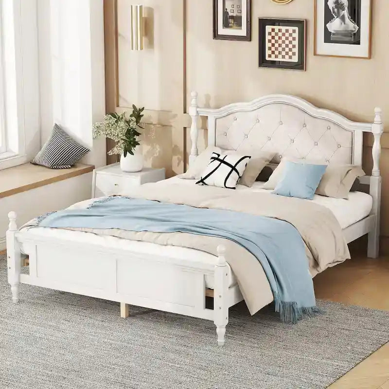 Queen Size Upholstered Bed with Headboard and Footboard, Featuring Dual Bed Rail Support Feet and Central Platform Support
